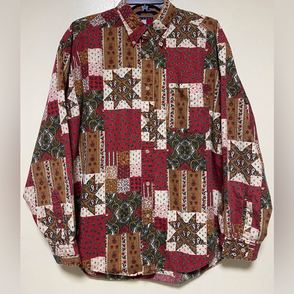 Tommy Hilfiger Patchwork Bandana Paisley Button-Down Shirt L Vintage Retro